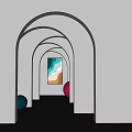 Modern Interior Featuring Multiple White Archways Wavy Pattern Painting And Blue Pink Balls