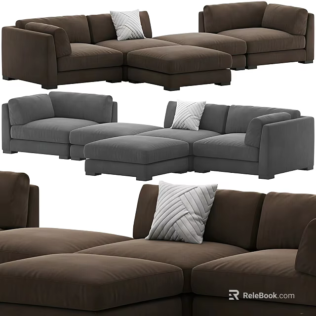 Modern Sectional Sofa in Brown and Gray with Modular Design and Pillow for Living Room 3d model 