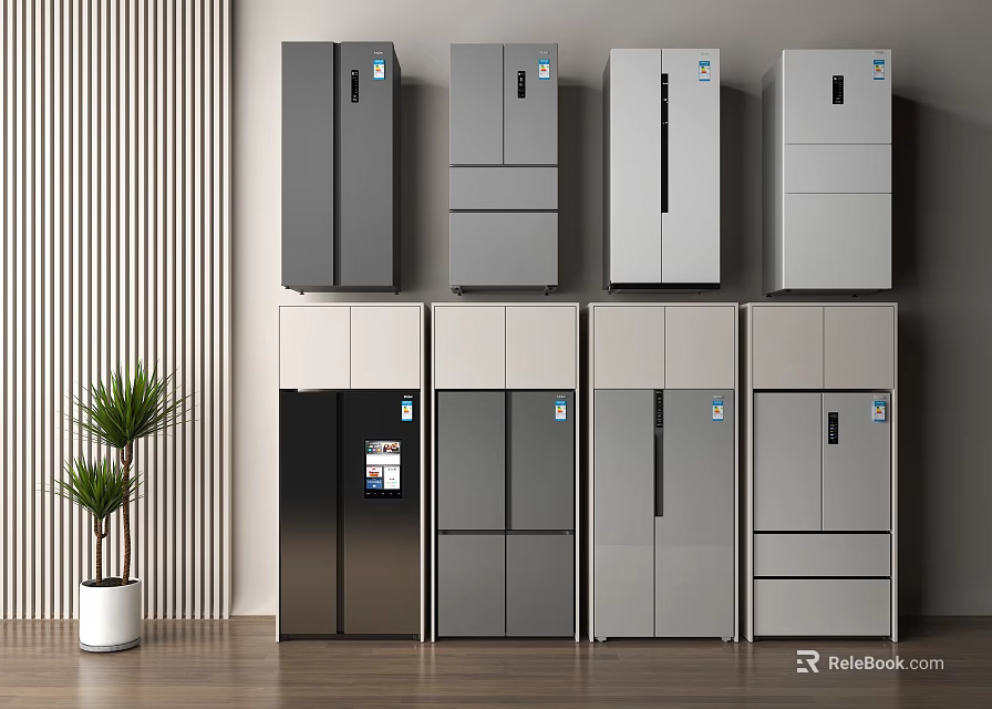 Multiple Refrigerators and Freezers Arranged in Modern Home Appliance Display with Various Styles and Plants 3d model 