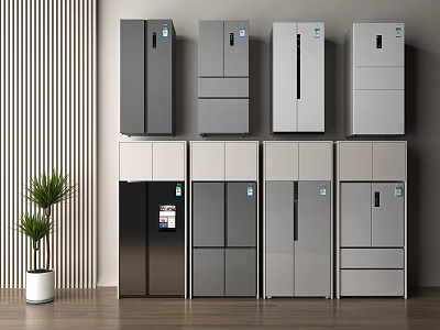 Multiple Refrigerators and Freezers Arranged in Modern Home Appliance Display with Various Styles and Plants 3d model