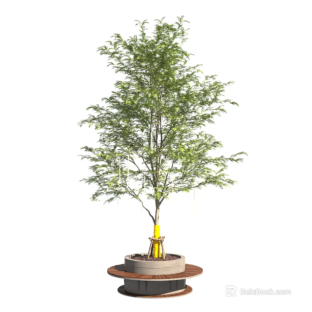 Round Concrete Tree Planter With Yellow Wrapped Trunk And Healthy Green Tree 3d model 