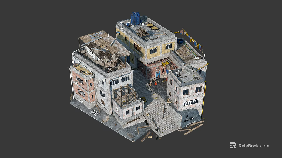 3D Model of Dilapidated Urban Buildings with Staircases Damaged Roofs and Mixed Structures 3d model 