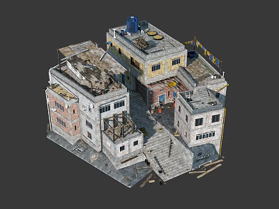 3D Model of Dilapidated Urban Buildings with Staircases Damaged Roofs and Mixed Structures 3d model