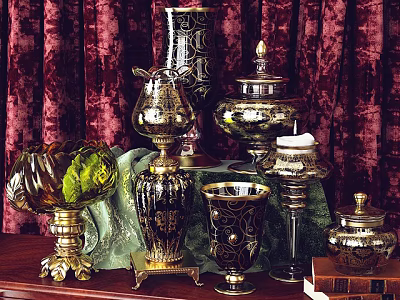 Decorative Ornament Set With Gold Black Vases Jars And Candle Holders On Red Velvet Background 3d model