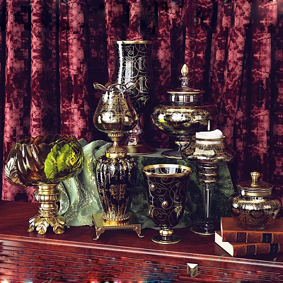 Decorative Ornament Set With Gold Black Vases Jars And Candle Holders On Red Velvet Background 3d model