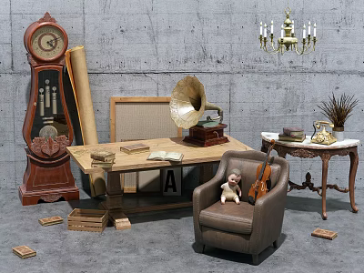 Vintage Style Single Sofa In Living Room With Phonograph Grandfather Clock And Wooden Table 3d model
