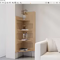 Modern Wooden Corner Bookcase with Shelves Books and Decorations Next to Sofa