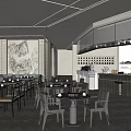 Elegant Modern Restaurant Interior With Chinese Ink Painting Tables Chairs And Wine Rack Bar Counter