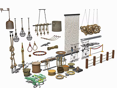 Assorted Decorative Rope Crafts Including Hanging Knots Braided Ropes And Wooden Buckets 3d model