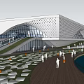 Modern Library Building with Glass Roof Design and Surrounding Water Feature Grass Area