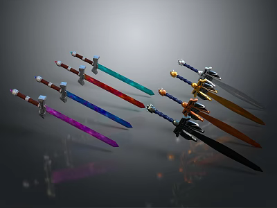 Colorful Decorative Swords with Vibrant Blades and Ornate Metallic Hilts 3d model