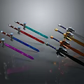 Colorful Decorative Swords with Vibrant Blades and Ornate Metallic Hilts