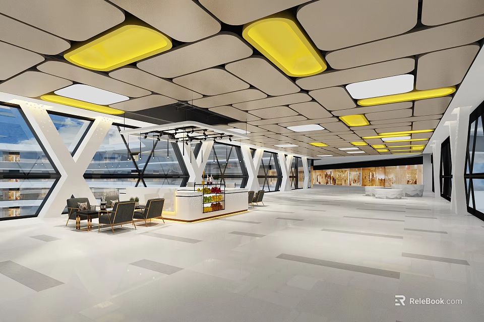 Modern Elevator Hallway Interior Design With Stylish Ceiling And Bright Lighting 3d model