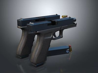 Two Black Pistols Displayed With Bullets And Grip Texture Details 3d model