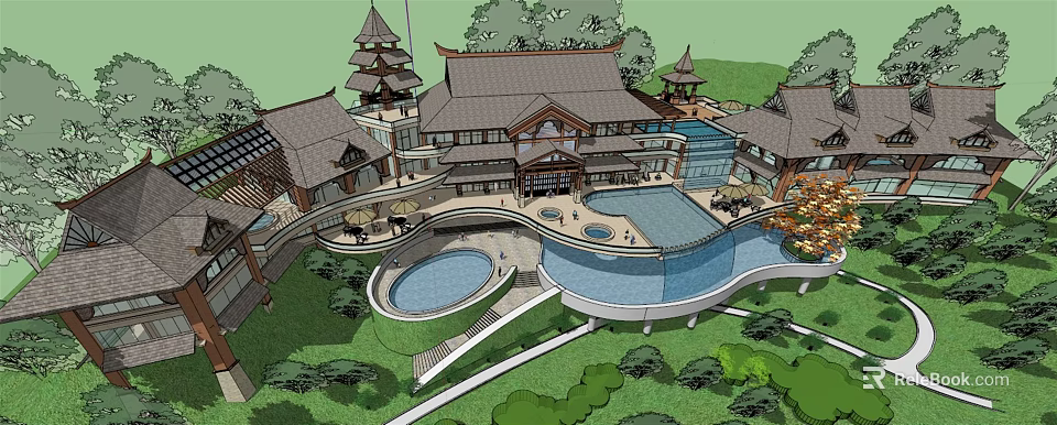 Traditional Chinese Architectural Complex With Courtyard Ponds And Classic Roof Structures 3d model 