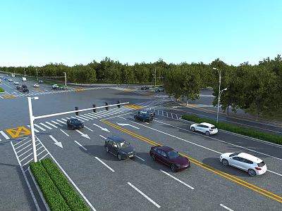 Road Facilities at Urban Intersection with Traffic Signs Pedestrian Crossing and Street Lamps 3d model