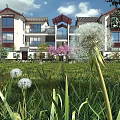 Modern Building Scene With Green Lawn Dandelions Pink Flowers And Trees