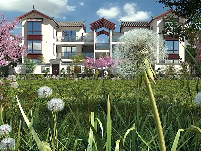 Modern Building Scene With Green Lawn Dandelions Pink Flowers And Trees 3d model