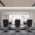 Modern Conference Room Interior With Long Table Black Chairs RAB Logo And Pendant Lights