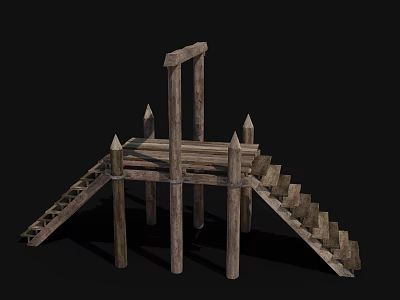 Ancient Historic Wooden Architecture Structure With Ladders And Pointed Spires 3d model