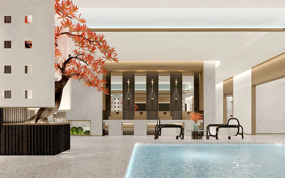 Modern SPA Sauna Interior Design Featuring Relaxation Pool And Comfortable Seats 3d model 