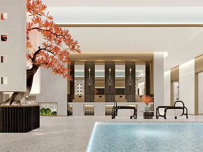 Modern SPA Sauna Interior Design Featuring Relaxation Pool And Comfortable Seats 3d model