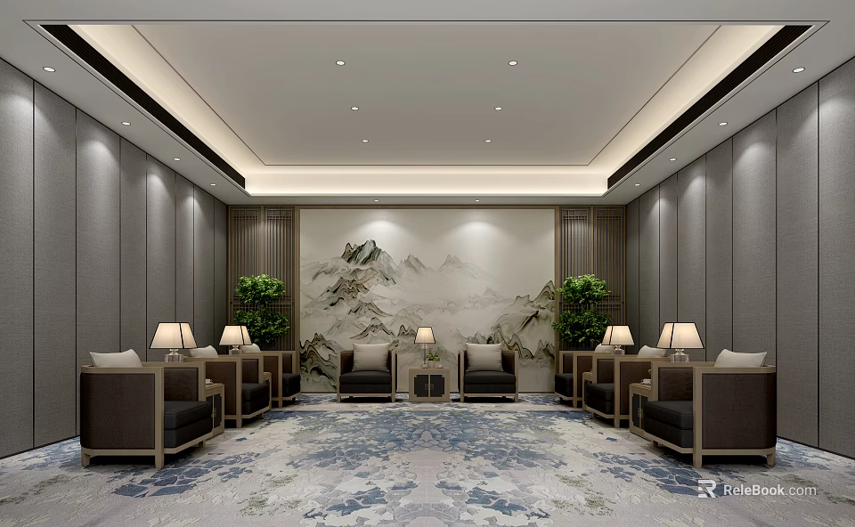 Chinese Style Hotel Public Lounge Area With Landscape Painting Green Plants Sofas And Carpet 3d model 