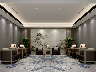 Chinese Style Hotel Public Lounge Area With Landscape Painting Green Plants Sofas And Carpet 3d model