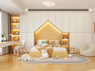 Cozy Kids Room With Arched Headboard White Wardrobes Wooden Flooring Desk Chair And Soft Lighting 3d model