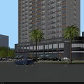Modern High Rise Residential Building Surrounded by Green Trees Roads and Parking Lot