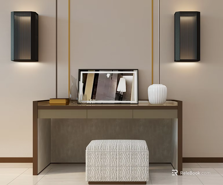 Modern Dressing Table With Black Wall Lamps Decorative Mirror And Upholstered Stool 3d model 