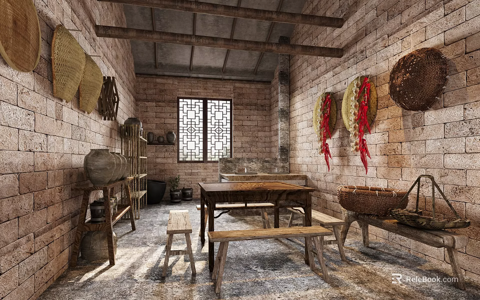 Traditional Farmhouse Kitchen Interior With Brick Walls Wooden Beams Bamboo Baskets And Red Chili Strings 3d model 