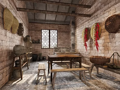 Traditional Farmhouse Kitchen Interior With Brick Walls Wooden Beams Bamboo Baskets And Red Chili Strings 3d model
