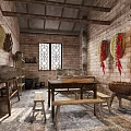 Traditional Farmhouse Kitchen Interior With Brick Walls Wooden Beams Bamboo Baskets And Red Chili Strings