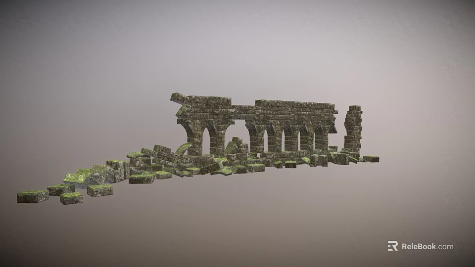 Ancient Ruins Structure With Weathered Stone Arches And Scattered Stone Blocks 3d model 