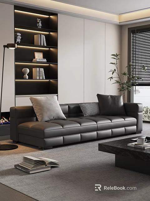 Modern Leather Sofa and Coffee Table Set with Grey Checkered Pillows Bookshelf and Potted Plant 3d model 