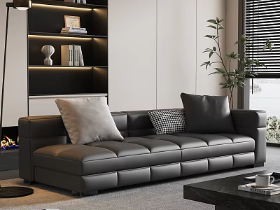 Modern Leather Sofa and Coffee Table Set with Grey Checkered Pillows Bookshelf and Potted Plant 3d model