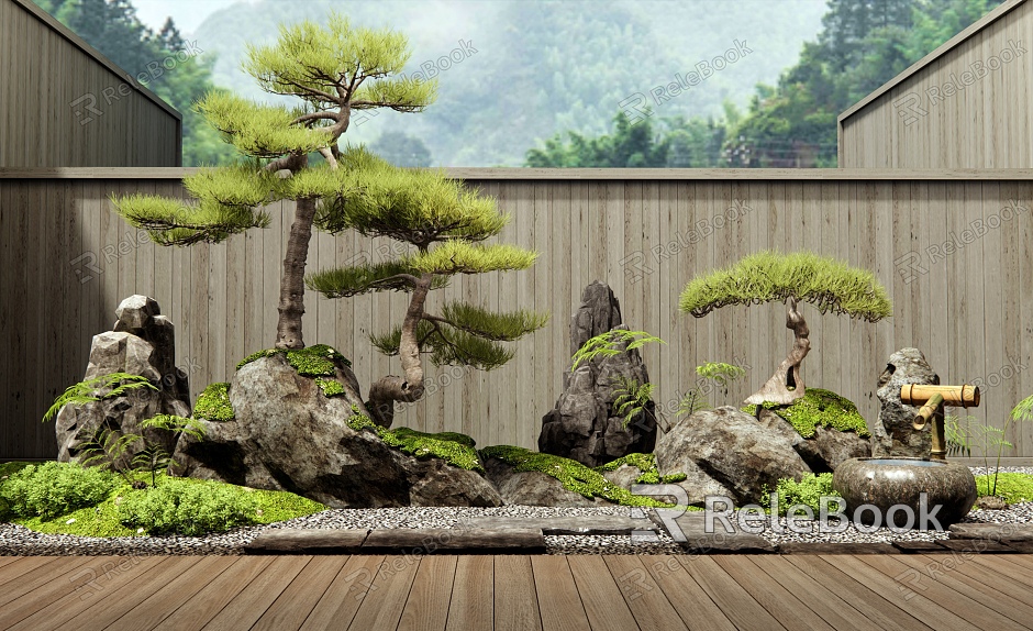 Moss Stone Pine Tree Landscape Stone Courtyard Landscape Interior Landscape Landscaping Tingbu Water Pot Rock Stone model