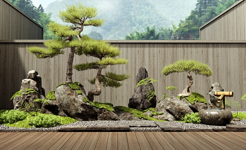 Moss Stone Pine Tree Landscape Stone Courtyard Landscape Interior Landscape Landscaping Tingbu Water Pot Rock Stone 3d model