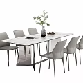 Modern Minimalist Dining Table Set with Rectangular Top Grey Chairs and Green Plant 3d model