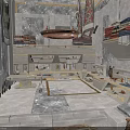 Ancient Stone Room Interior With Shelves Crates Carpets Stone Floor And Chandelier