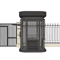 Modern Exterior Security Booth With Black Metal Gate And Stone Pillars