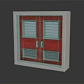 Red Metal Double Entry Door With Silver Frame And Louvered Window Panels