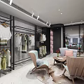 Modern Clothing Store Interior With Fashion Apparel On Racks Display Tables And Green Plants