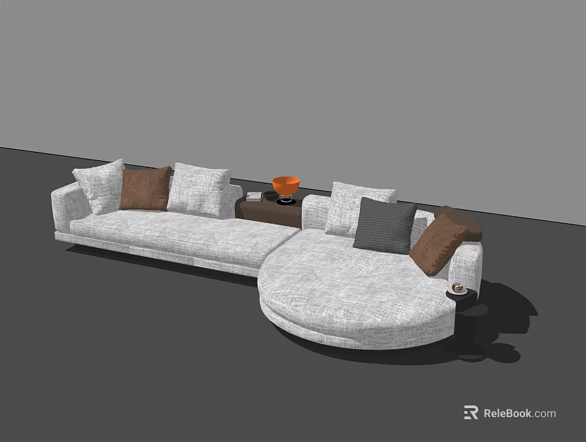White Sectional Sofa with Brown Grey White Cushions and Side Table with Orange Decor 3d model
