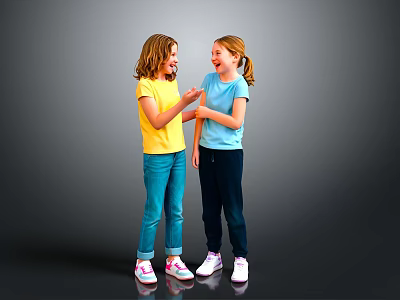 Two Happy Girls Talking And Interacting In Colorful Shirts And Pants On Gray Background 3d model