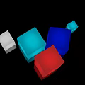 Colorful Cubes In Red Blue Cyan And White On Black Background With Reflections