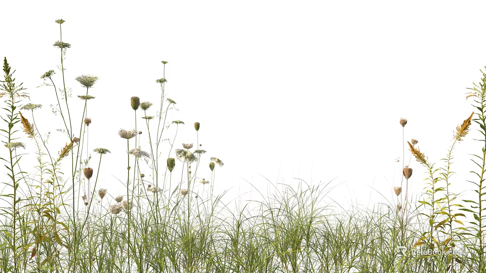 Natural Grasses and White Yellow Flowers of Various Heights with Buds on White Background 3d model 