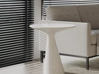 Elegant White Round Top Cone Base Side Table by Gray Sofa in Living Room 3d model