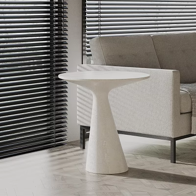 Elegant White Round Top Cone Base Side Table by Gray Sofa in Living Room 3d model